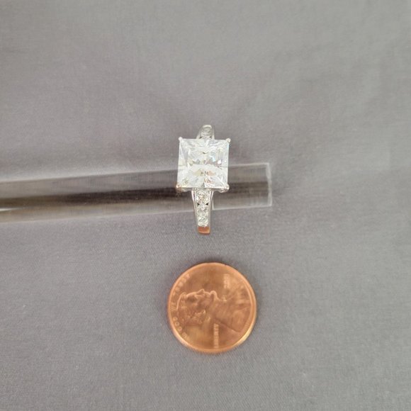 Sparkling Silver 4ct Princess Cut w/ Round Side Stones CZ Engagement Ring, Sz 9 - Picture 13 of 14
